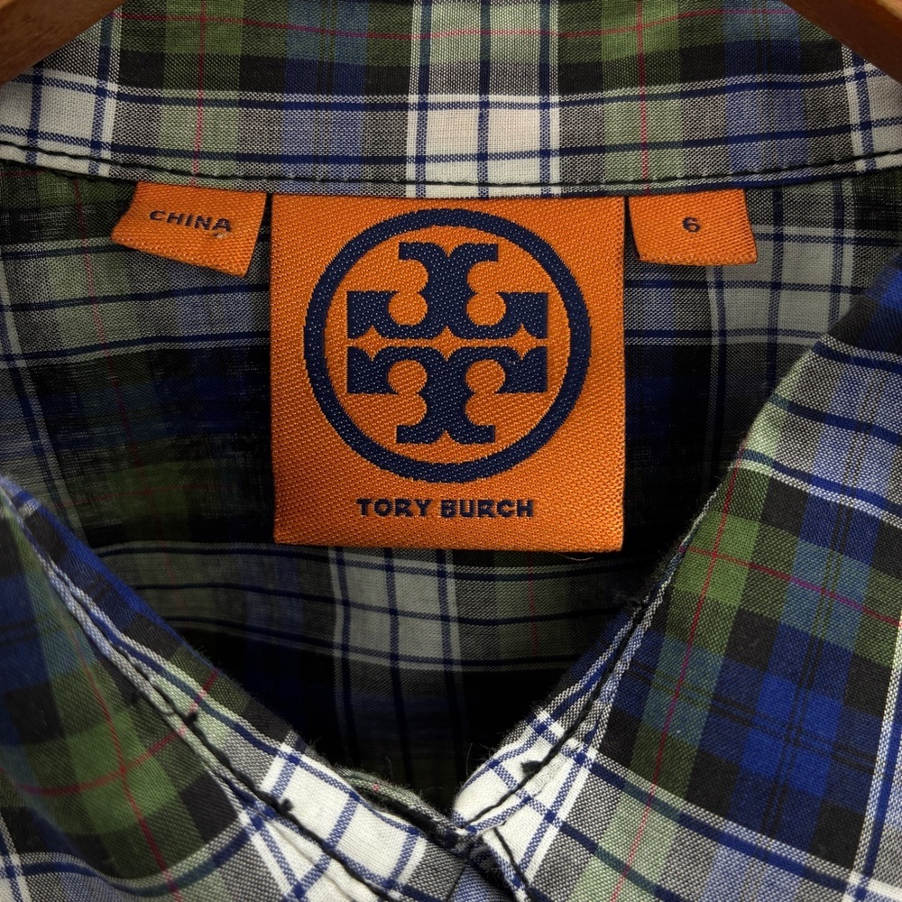 Tory Burch Tartan Plaid Button Ruffle Preppy Office Top Shirt Blouse Green 6 - Picture 2 of 7